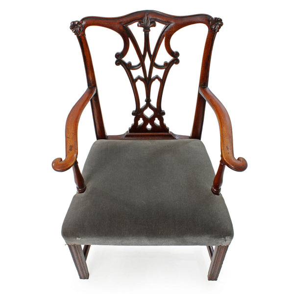 Walnut Country Chippendale Open Arm Chair with Carved & Pierced Back Splat and Grey Velvet Seat