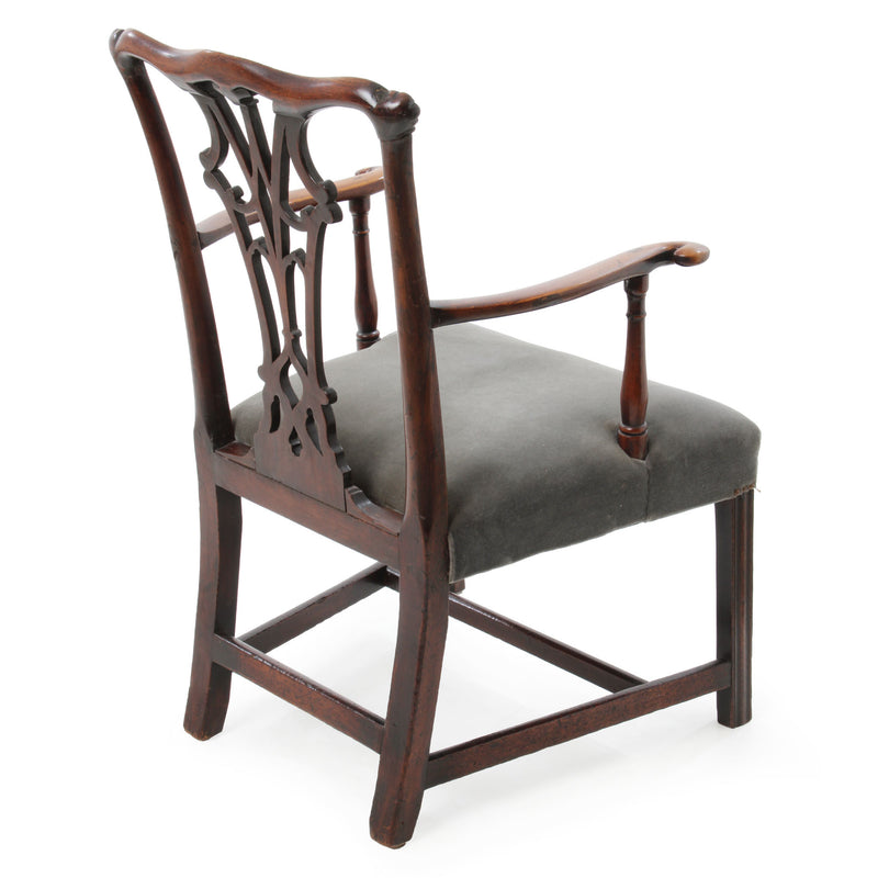 Walnut Country Chippendale Open Arm Chair with Carved & Pierced Back Splat and Grey Velvet Seat