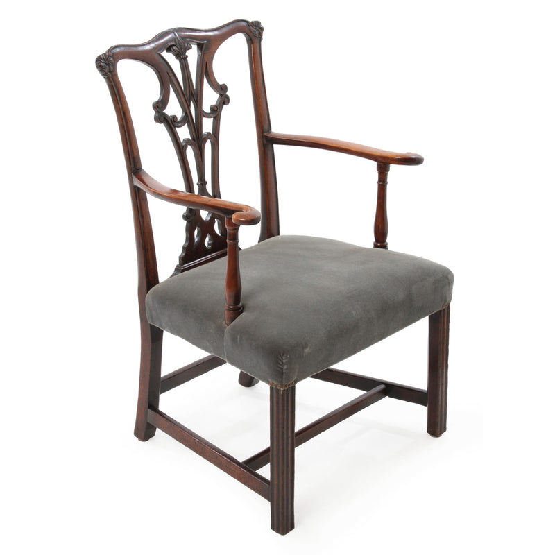 Walnut Country Chippendale Open Arm Chair with Carved & Pierced Back Splat and Grey Velvet Seat