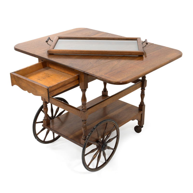 Walnut Drop Leaf Tea Cart w/ Tiered Undershelf and Glazed Serving Tray Shelf
