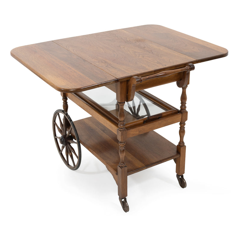 Walnut Drop Leaf Tea Cart w/ Tiered Undershelf and Glazed Serving Tray Shelf