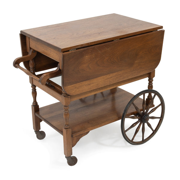 Walnut Drop Leaf Tea Cart w/ Tiered Undershelf and Glazed Serving Tray Shelf