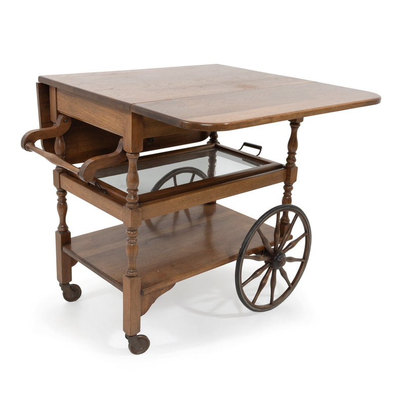 Walnut Drop Leaf Tea Cart w/ Tiered Undershelf and Glazed Serving Tray Shelf