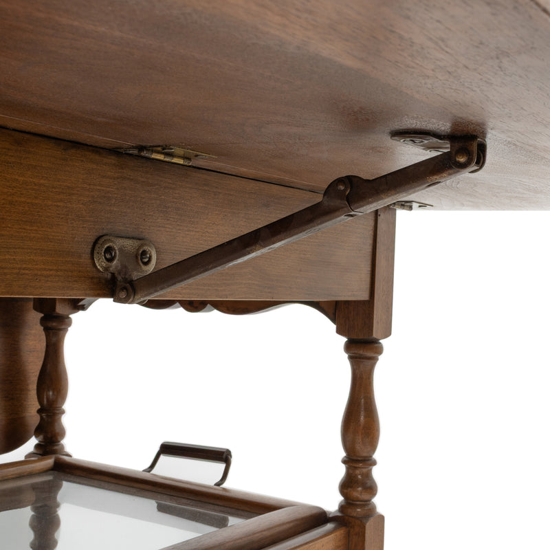 Walnut Drop Leaf Tea Cart w/ Tiered Undershelf and Glazed Serving Tray Shelf