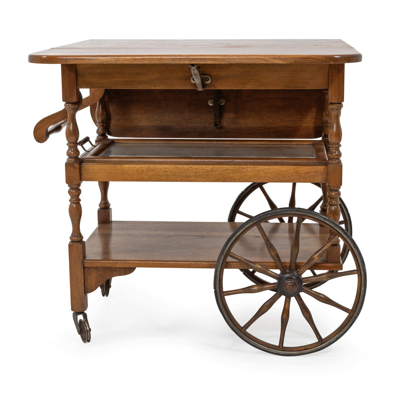 Walnut Drop Leaf Tea Cart w/ Tiered Undershelf and Glazed Serving Tray Shelf