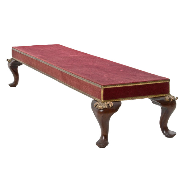 Walnut Fireside Bench with Red Velvet Upholstery and Brass Mounts