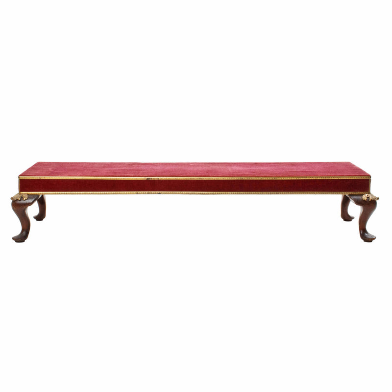 Walnut Fireside Bench with Red Velvet Upholstery and Brass Mounts