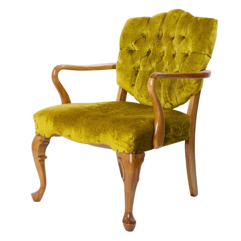 Walnut Open Armchair with Chartreuse Button Tufted Upholstery