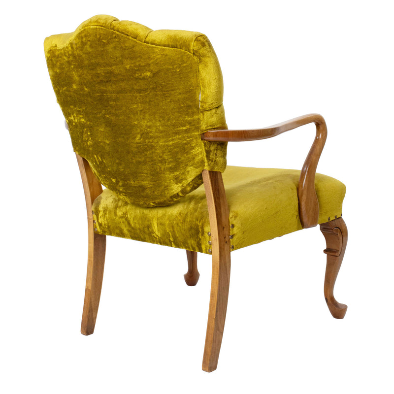 Walnut Open Armchair with Chartreuse Button Tufted Upholstery