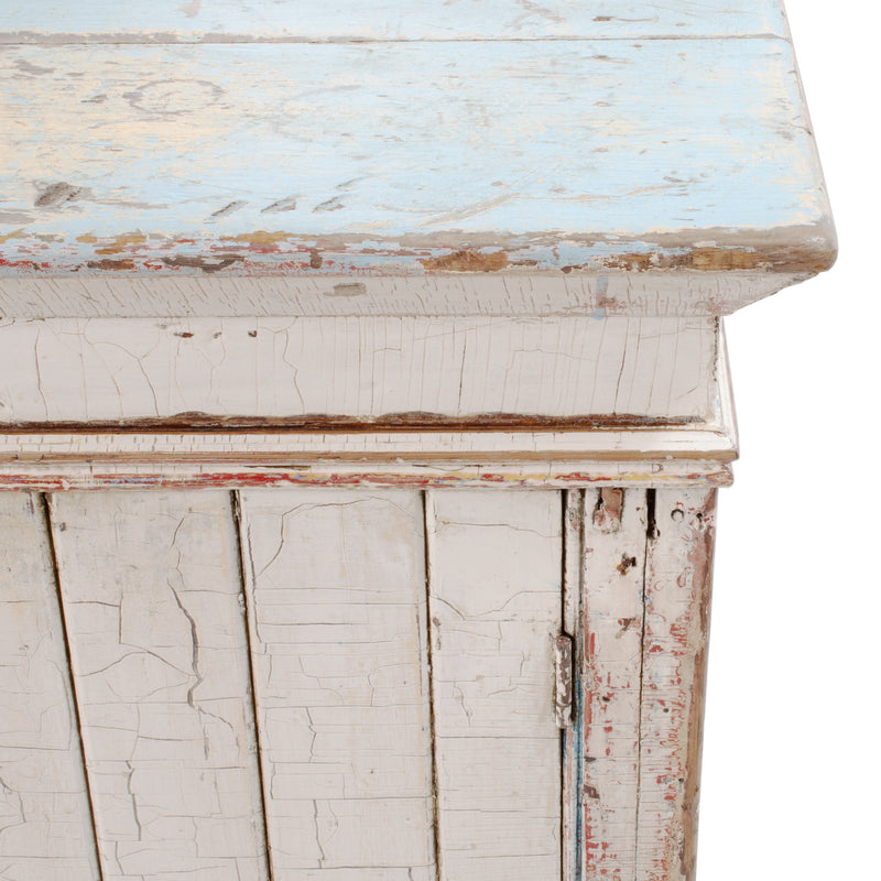 White Crackle Painted Cupboard w/ Distressed Blue Top & 2 Door Tongue & Groove Base