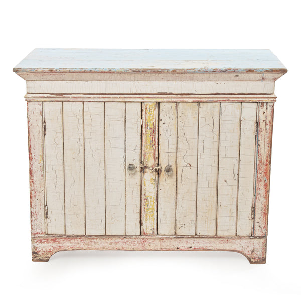 White Crackle Painted Cupboard w/ Distressed Blue Top & 2 Door Tongue & Groove Base