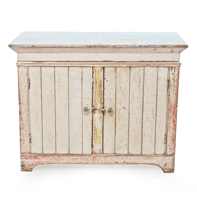 White Crackle Painted Cupboard w/ Distressed Blue Top & 2 Door Tongue & Groove Base