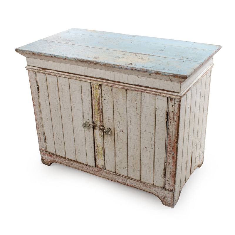 White Crackle Painted Cupboard w/ Distressed Blue Top & 2 Door Tongue & Groove Base