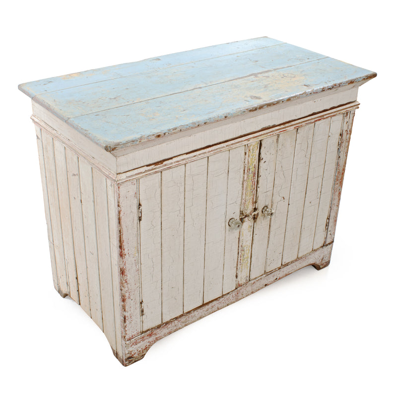 White Crackle Painted Cupboard w/ Distressed Blue Top & 2 Door Tongue & Groove Base