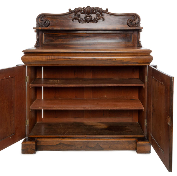 William IV/ Victorian Rosewood Chiffonier with Carved Scroll Backsplat Gallery, Single Felt Lined Drawer and Bottom Cupboard