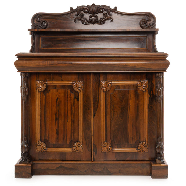 William IV/ Victorian Rosewood Chiffonier with Carved Scroll Backsplat Gallery, Single Felt Lined Drawer and Bottom Cupboard