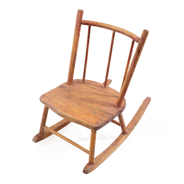 Worn Red Painted Maple and Ash Children's Rocking Chair