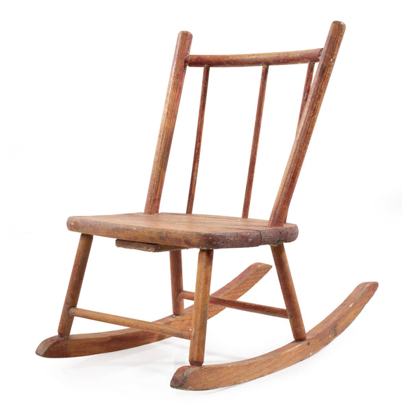 Worn Red Painted Maple and Ash Children's Rocking Chair