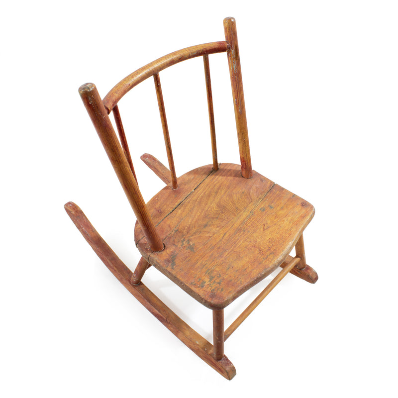 Worn Red Painted Maple and Ash Children's Rocking Chair