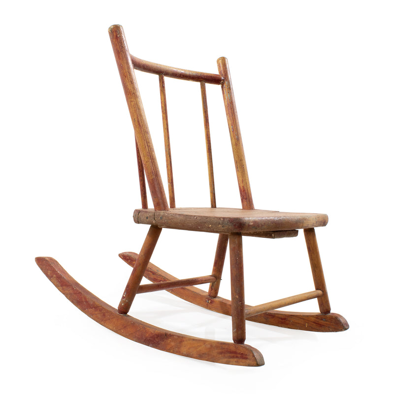 Worn Red Painted Maple and Ash Children's Rocking Chair