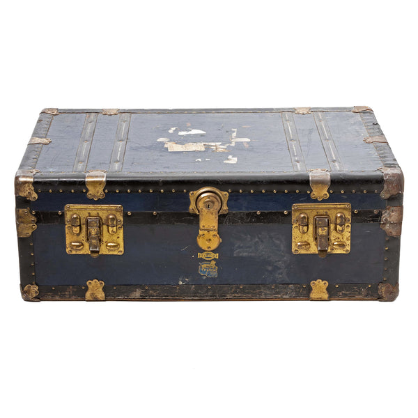 Blue Metal Steamer Trunk with Brass Mounts