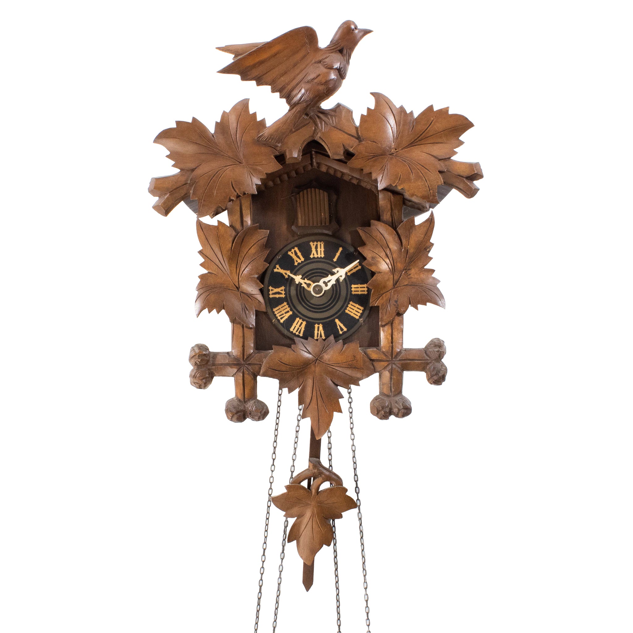 Carved Walnut Cuckoo Clock with Weights and Pendulum – Iron Crow