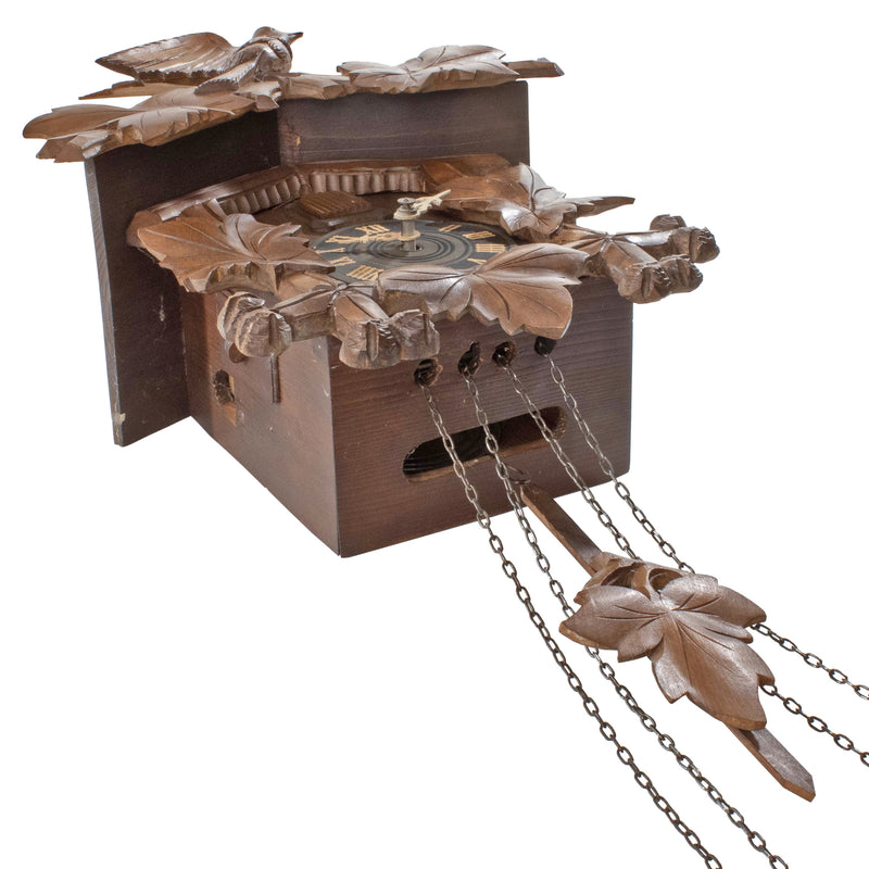 Carved Walnut Cuckoo Clock with Weights and Pendulum