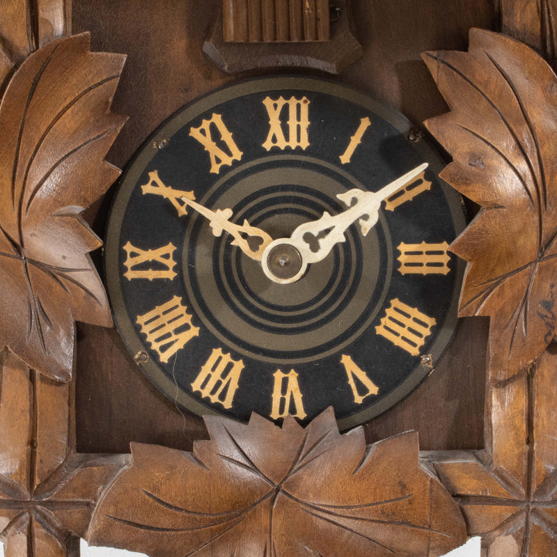 Carved Walnut Cuckoo Clock with Weights and Pendulum