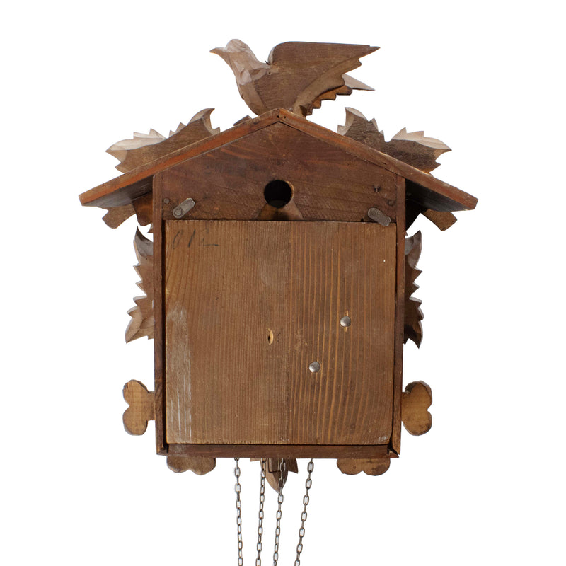 Carved Walnut Cuckoo Clock with Weights and Pendulum