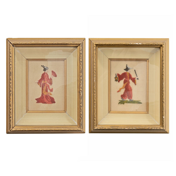 Framed Petit Point Japanese Couple in Traditional Clothing (Pair)