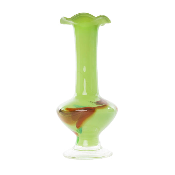 Green Art Glass Fluted Edge Vase with Red/ Orange Swirls