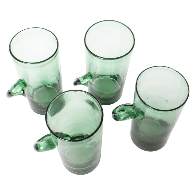Green Glass Mug with Angled Applied Handle (Set of 4)