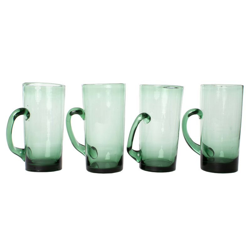 Green Glass Mug with Angled Applied Handle (Set of 4)