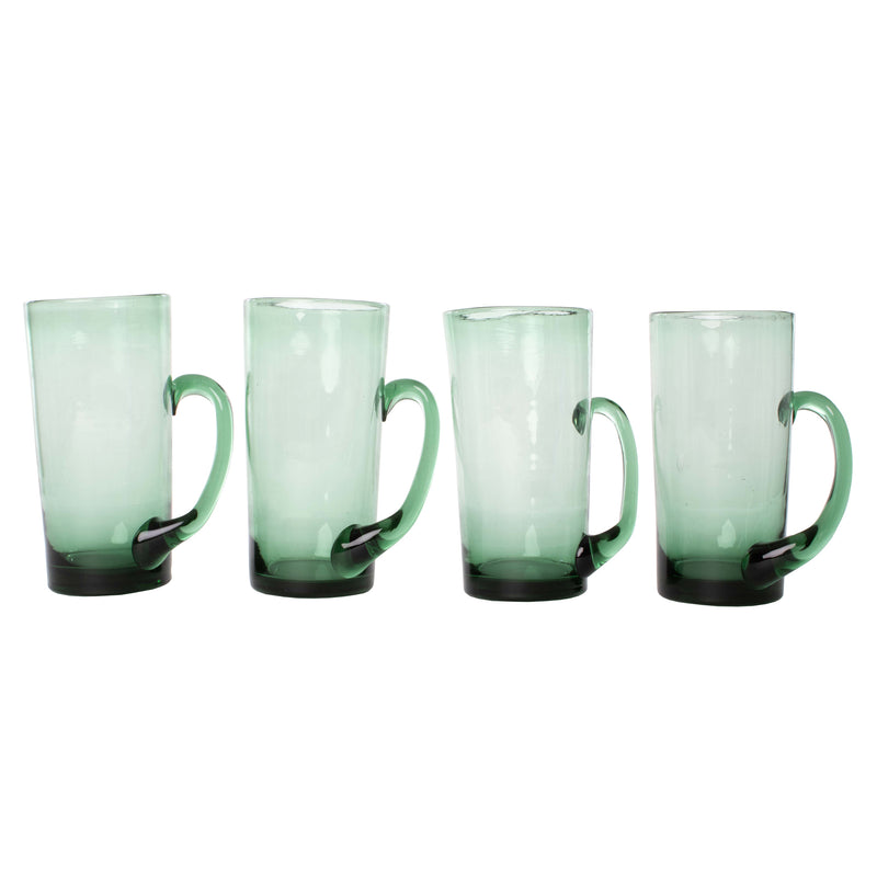 Green Glass Mug with Angled Applied Handle (Set of 4)