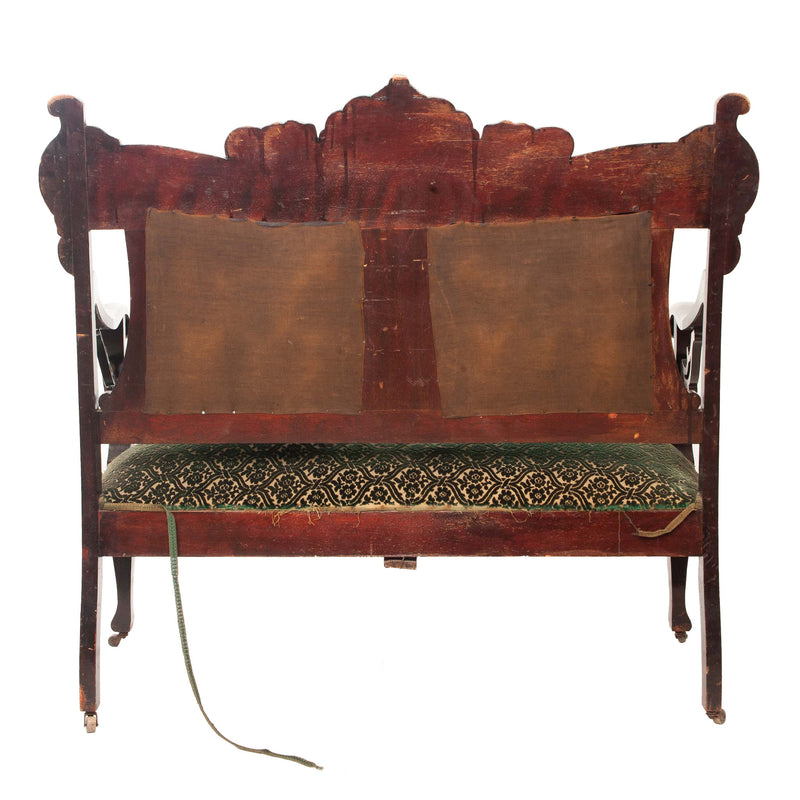 Green Upholstered Maple Open Arm Settee with Carved Back