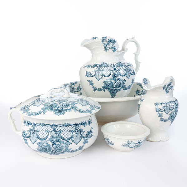 JHW & Sons 7 Pc Blue and White Porcelain Wash Basin Set
