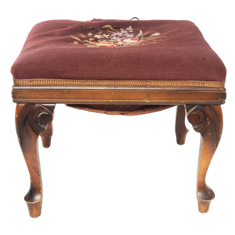 Maple Footstool with Cabriole Legs and Needlepoint Seat (As Is)