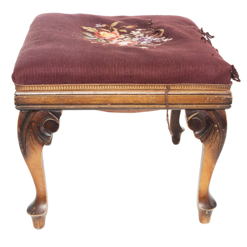 Maple Footstool with Cabriole Legs and Needlepoint Seat (As Is)