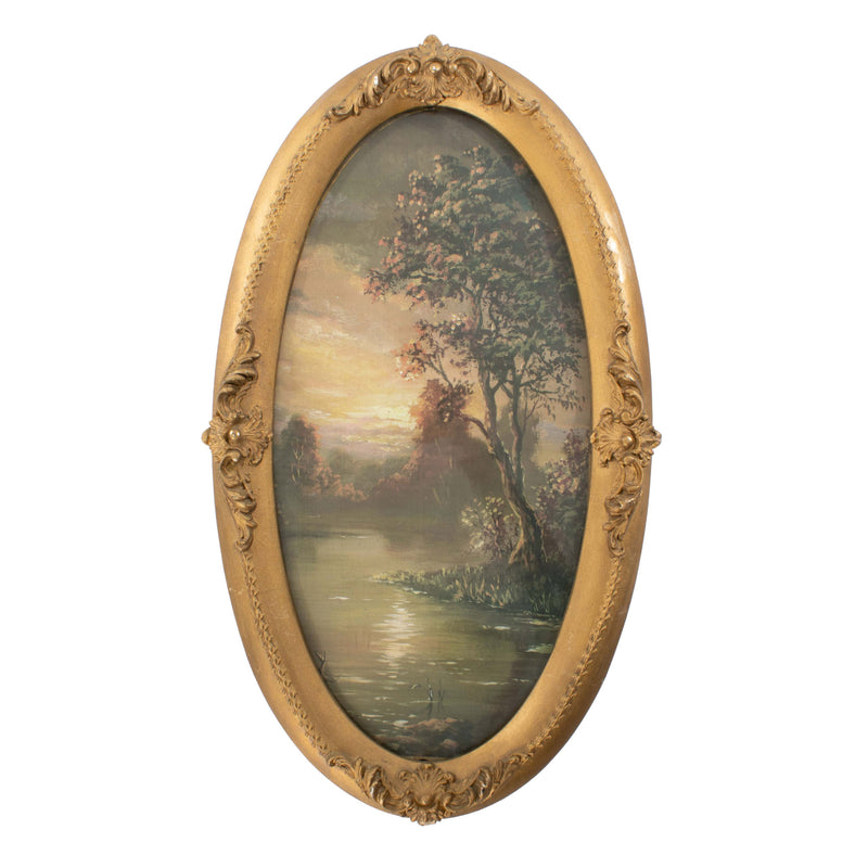 Oval Picture of Tree and Water in Gesso Frame