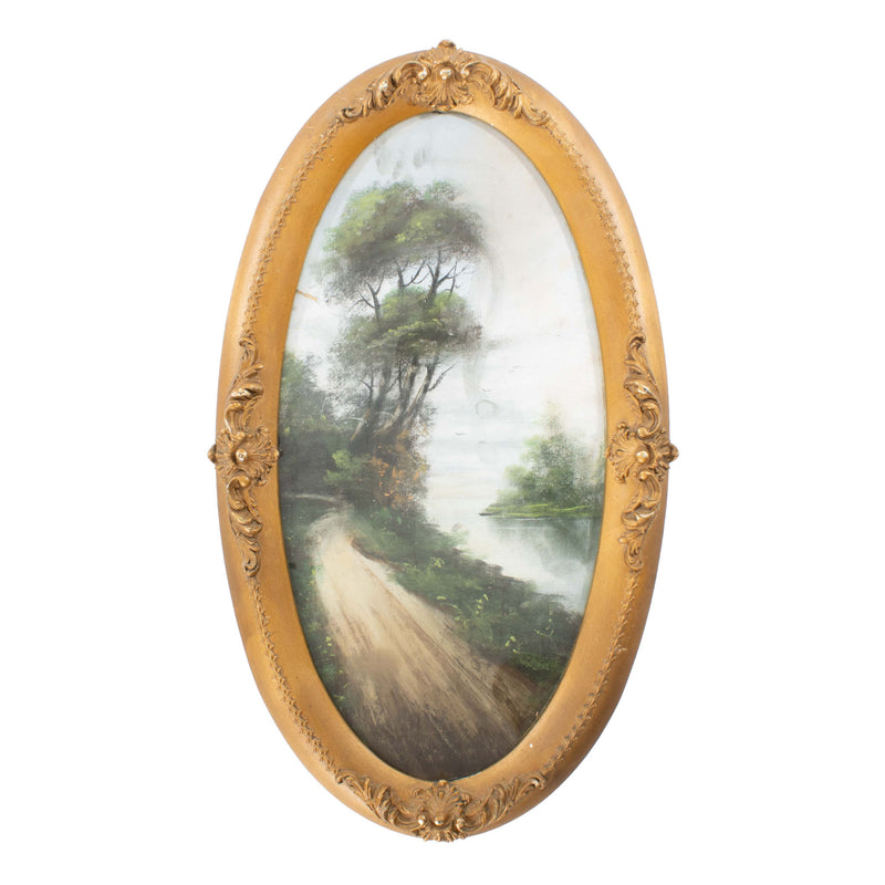 Oval Picture of Tree with River in Gesso Frame