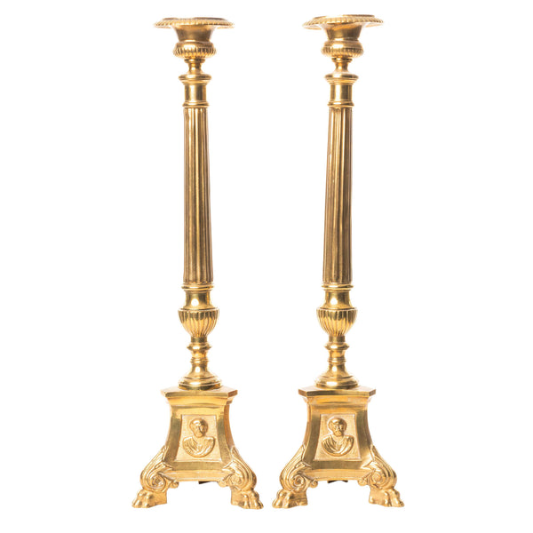 Pair of Brass Altar Candlesticks with Decorative Bases