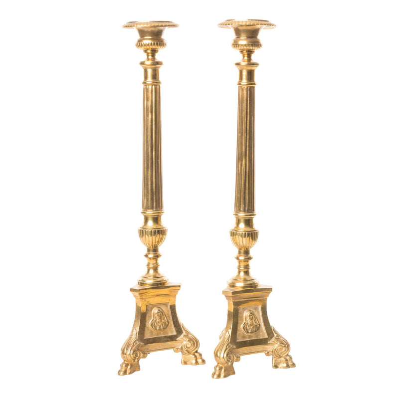 Pair of Brass Altar Candlesticks with Decorative Bases