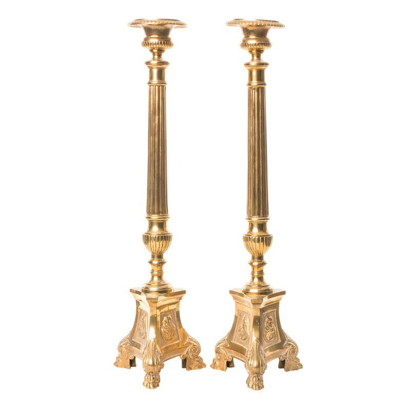 Pair of Brass Altar Candlesticks with Decorative Bases