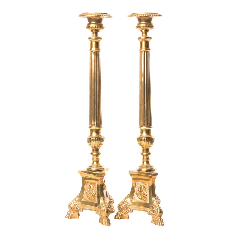 Pair of Brass Altar Candlesticks with Decorative Bases