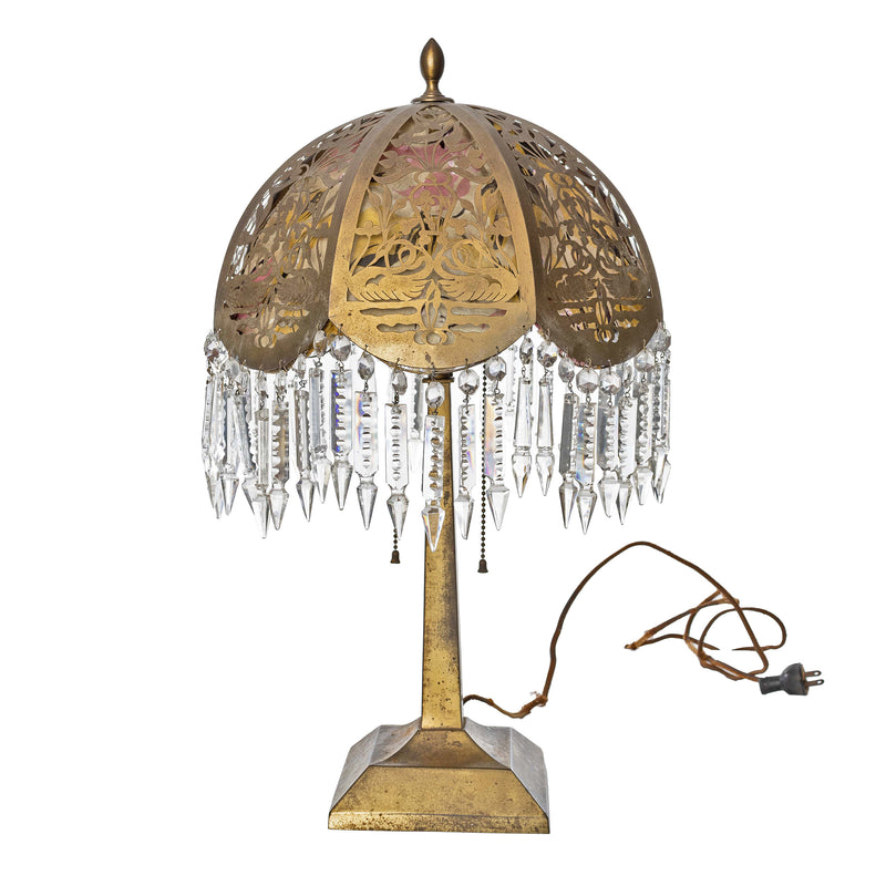 Pierced Metal Lamp with Crystals and Silk Liner