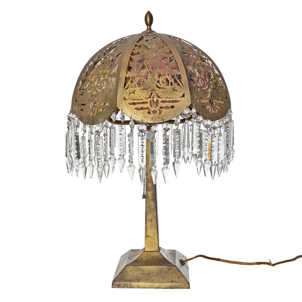 Pierced Metal Lamp with Crystals and Silk Liner