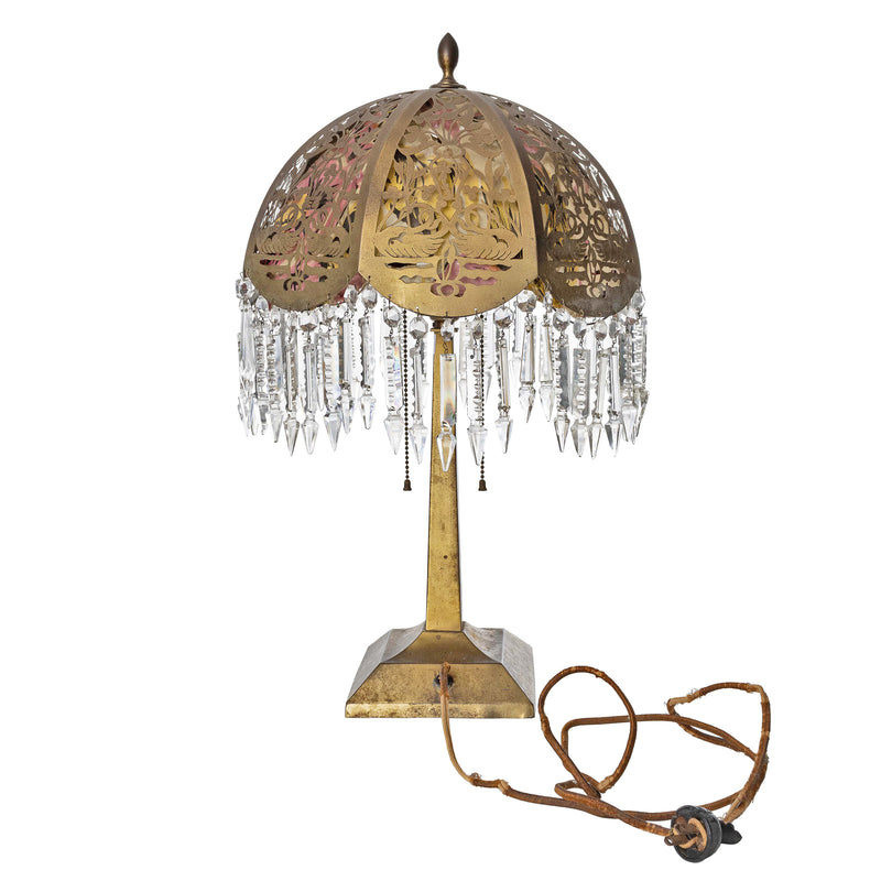 Pierced Metal Lamp with Crystals and Silk Liner