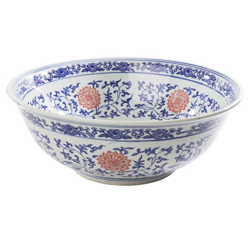 Porcelain Sink with Blue and Red Floral Design