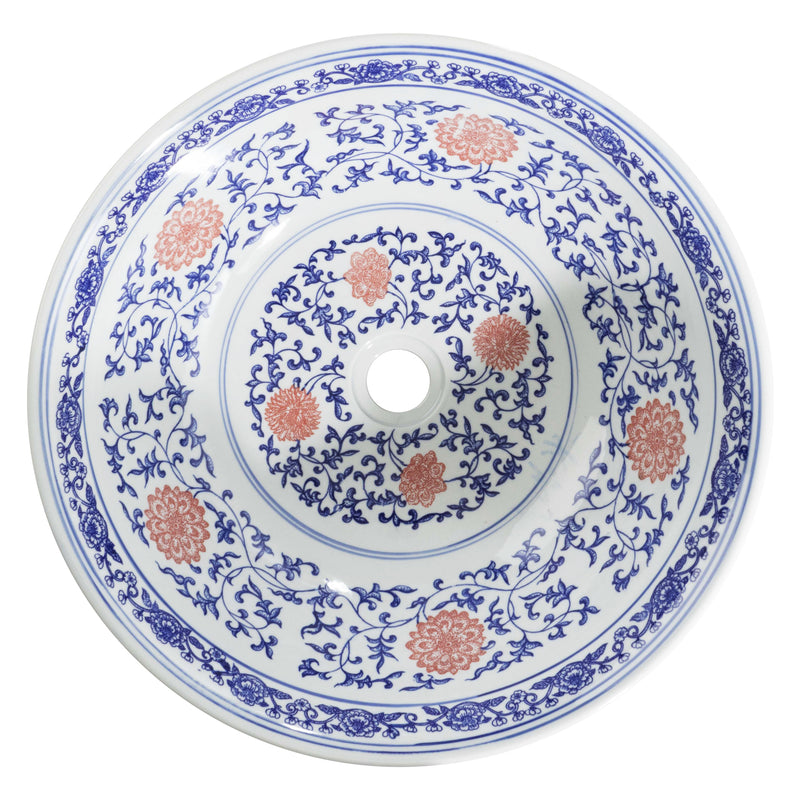 Porcelain Sink with Blue and Red Floral Design