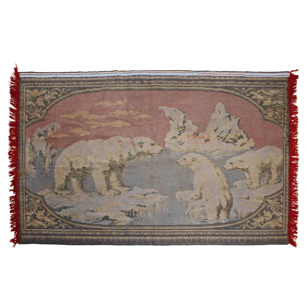 Velour Wall Tapestry of Polar Bears with Red Fringe